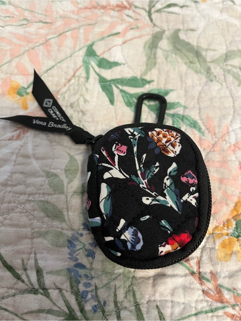 Vera Bradley Black Floral Quilted Key & Card Holder with Clip